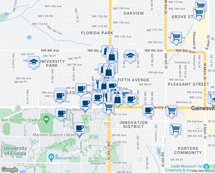 map of restaurants, bars, coffee shops, grocery stores, and more near 370 Northwest 13th Street in Gainesville