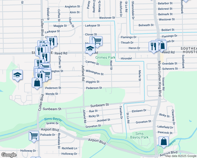 map of restaurants, bars, coffee shops, grocery stores, and more near 5114 Wilmington Street in Houston
