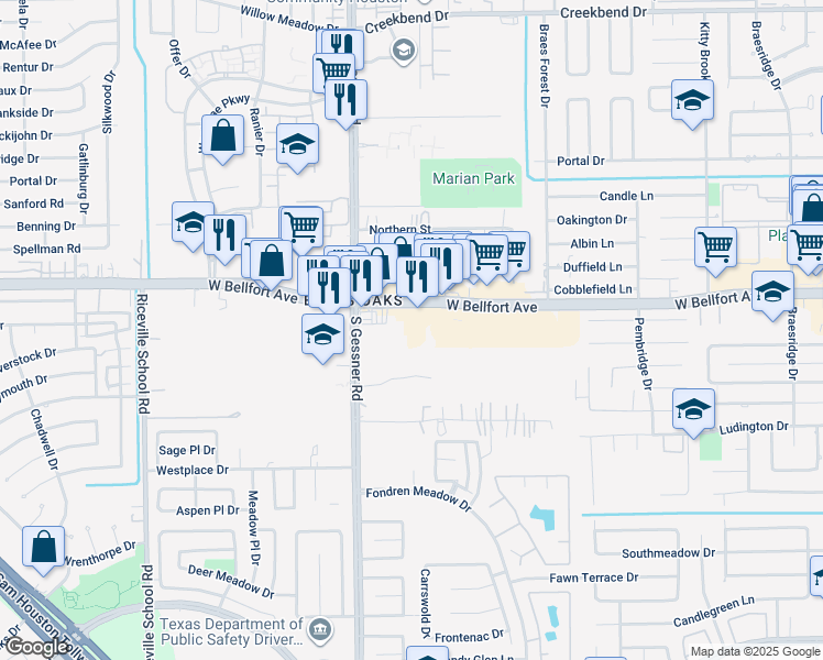 map of restaurants, bars, coffee shops, grocery stores, and more near 7 West Bellfort Street in Houston