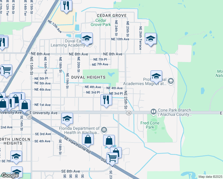 map of restaurants, bars, coffee shops, grocery stores, and more near 2325 Northeast 4th Avenue in Gainesville