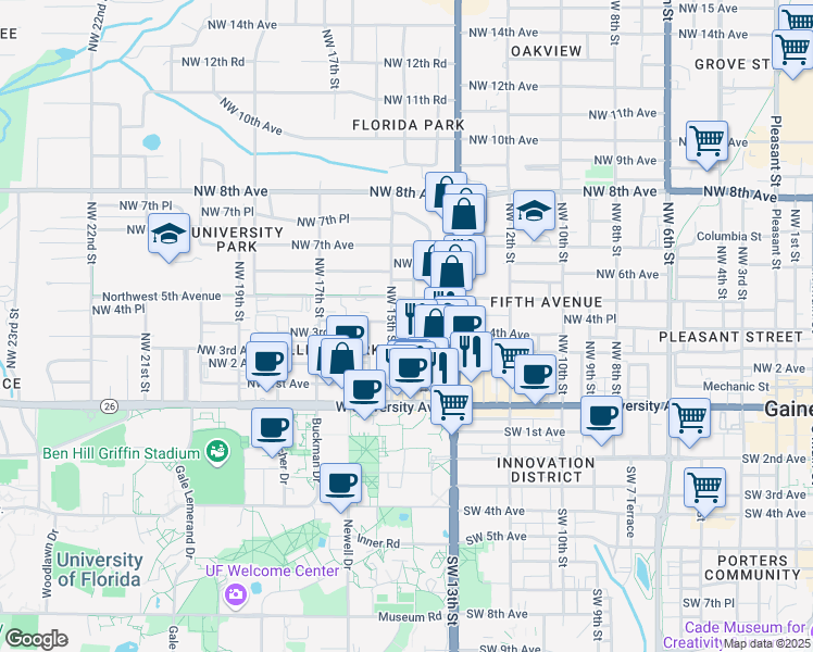 map of restaurants, bars, coffee shops, grocery stores, and more near 408 Northwest 14th Street in Gainesville