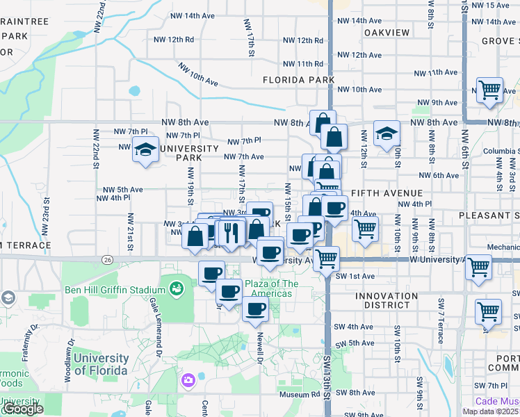 map of restaurants, bars, coffee shops, grocery stores, and more near 329 Northwest 17th Street in Gainesville