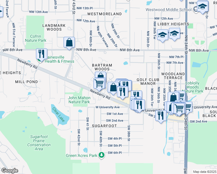 map of restaurants, bars, coffee shops, grocery stores, and more near 417 Northwest 39th Road in Gainesville