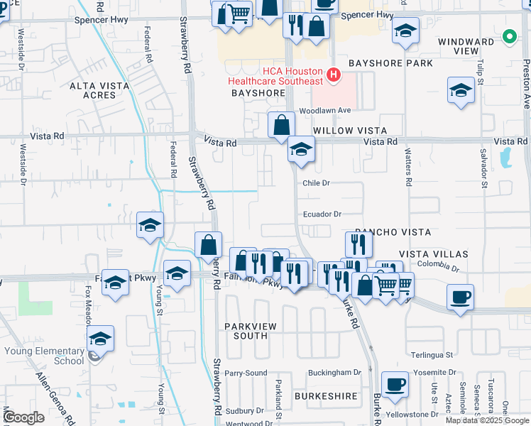 map of restaurants, bars, coffee shops, grocery stores, and more near 3602 Burke Road in Pasadena