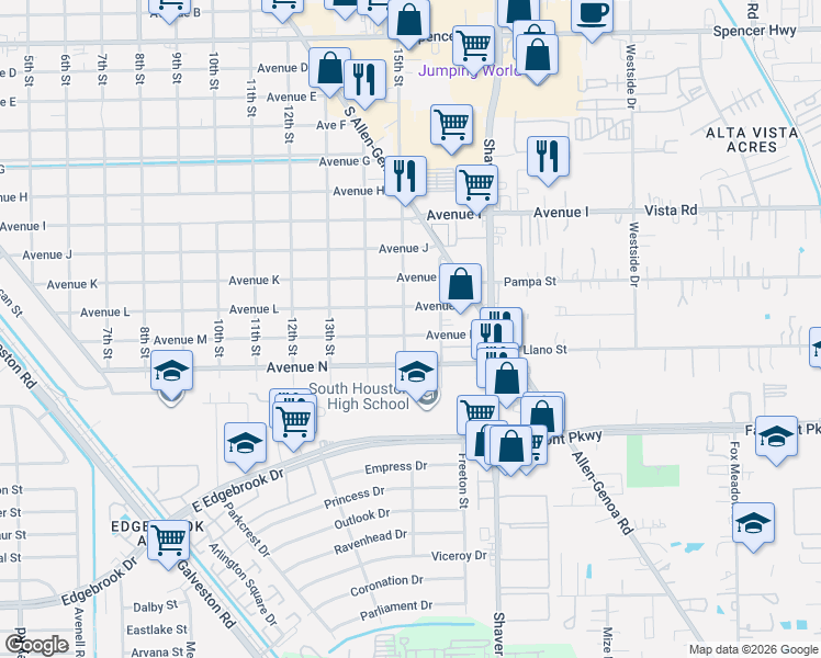 map of restaurants, bars, coffee shops, grocery stores, and more near 1507 Avenue M in South Houston