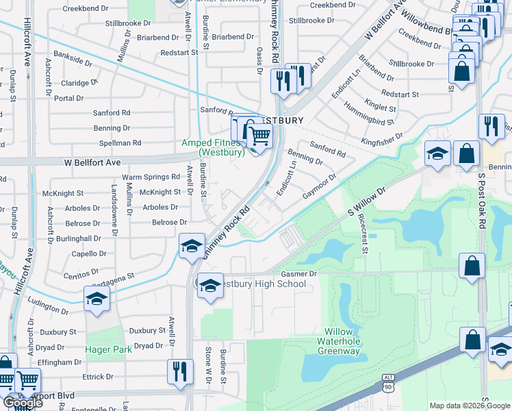 map of restaurants, bars, coffee shops, grocery stores, and more near 11607 Chimney Rock Road in Houston