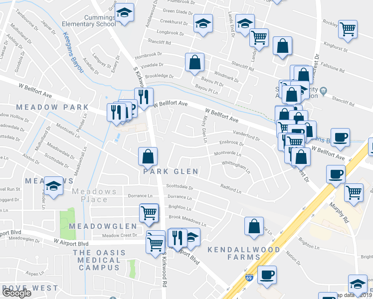 map of restaurants, bars, coffee shops, grocery stores, and more near 11506 Ensbrook Drive in Houston