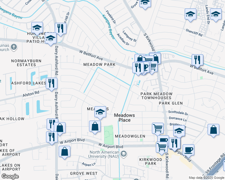 map of restaurants, bars, coffee shops, grocery stores, and more near 12027 Meadow Hollow Drive in Stafford