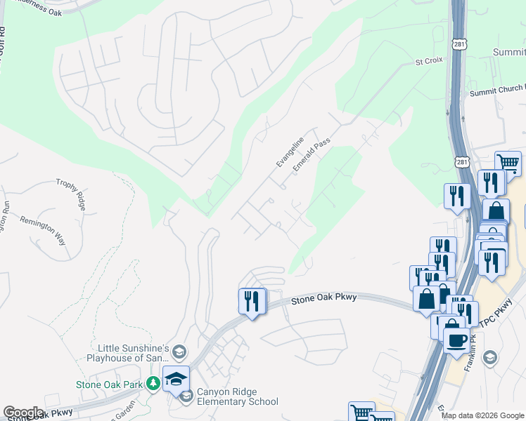 map of restaurants, bars, coffee shops, grocery stores, and more near 22821 South Breeze Street in San Antonio