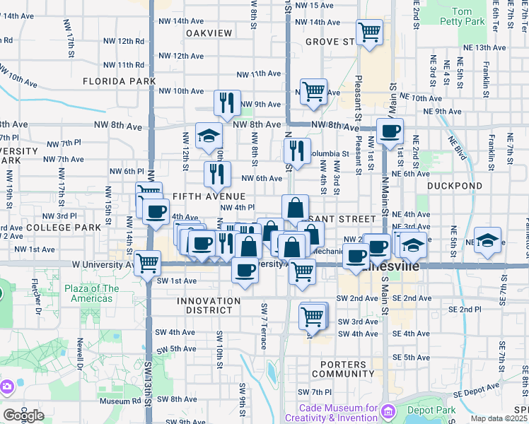 map of restaurants, bars, coffee shops, grocery stores, and more near 716B Northwest 4th Avenue in Gainesville