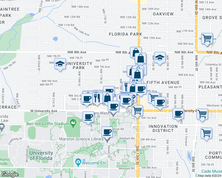 map of restaurants, bars, coffee shops, grocery stores, and more near 329 Northwest 16 Street in Gainesville