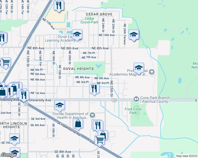 map of restaurants, bars, coffee shops, grocery stores, and more near 2325 Northeast 4th Avenue in Gainesville