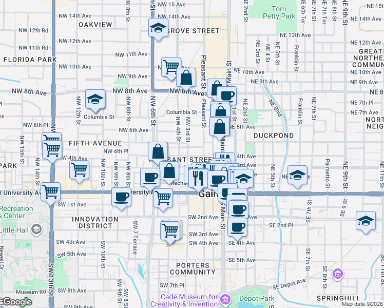 map of restaurants, bars, coffee shops, grocery stores, and more near 225 Northwest 4th Place in Gainesville