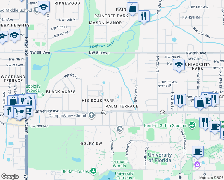 map of restaurants, bars, coffee shops, grocery stores, and more near 412 Northwest 25 Street in Gainesville