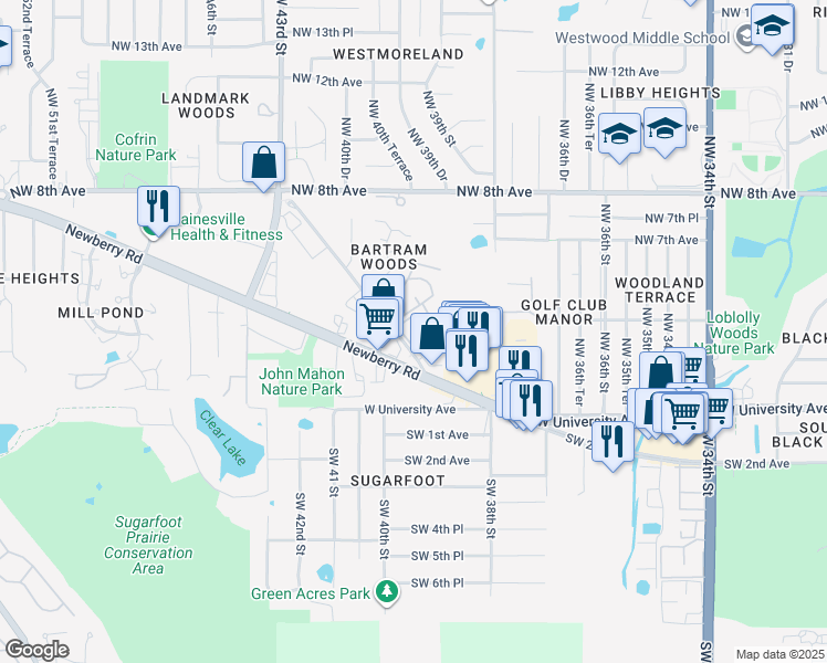 map of restaurants, bars, coffee shops, grocery stores, and more near 401 Northwest 39th Road in Gainesville