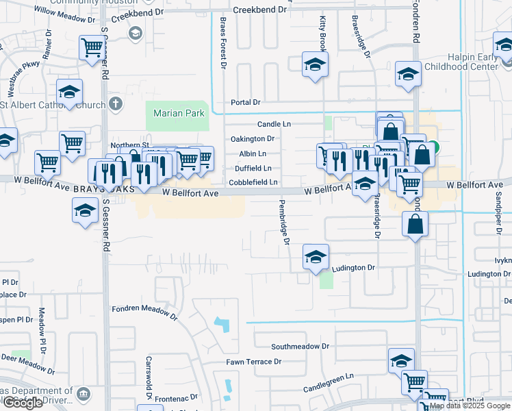 map of restaurants, bars, coffee shops, grocery stores, and more near 7927 Wolfield Lane in Houston