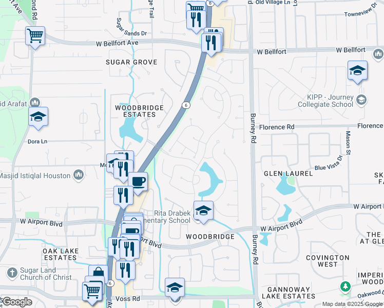 map of restaurants, bars, coffee shops, grocery stores, and more near 10934 Wildcat Bridge Lane in Sugar Land