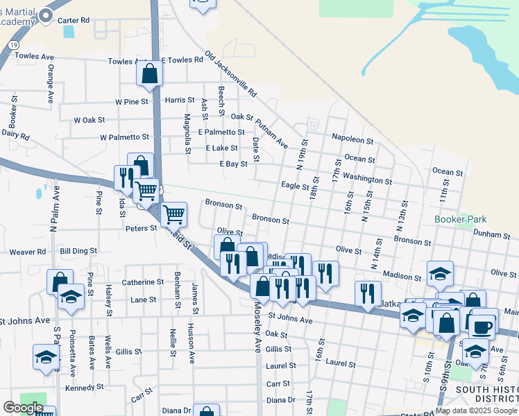 map of restaurants, bars, coffee shops, grocery stores, and more near 601 North 21st Street in Palatka