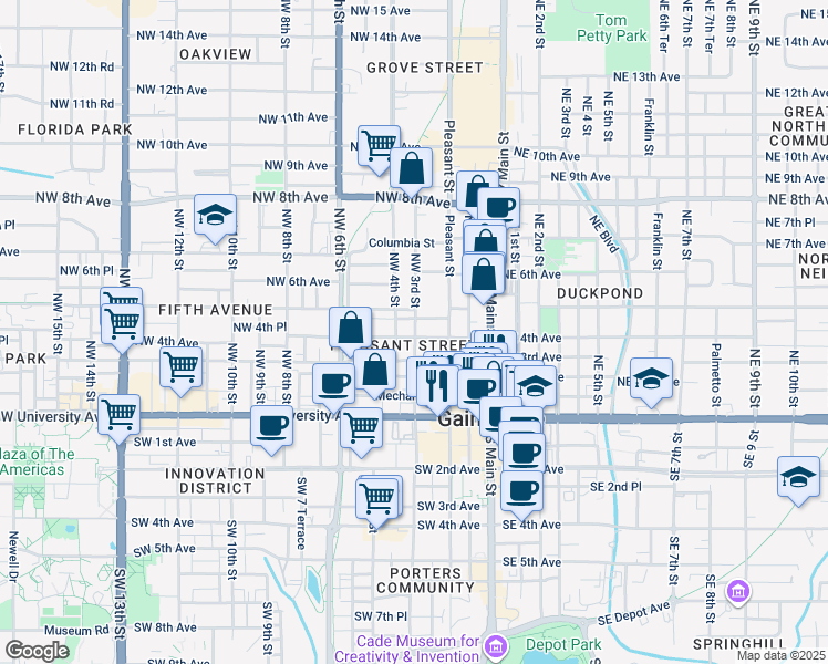 map of restaurants, bars, coffee shops, grocery stores, and more near 300 Northwest 4 Avenue in Gainesville