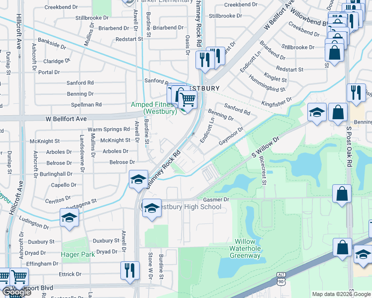 map of restaurants, bars, coffee shops, grocery stores, and more near 11607 Chimney Rock Road in Houston