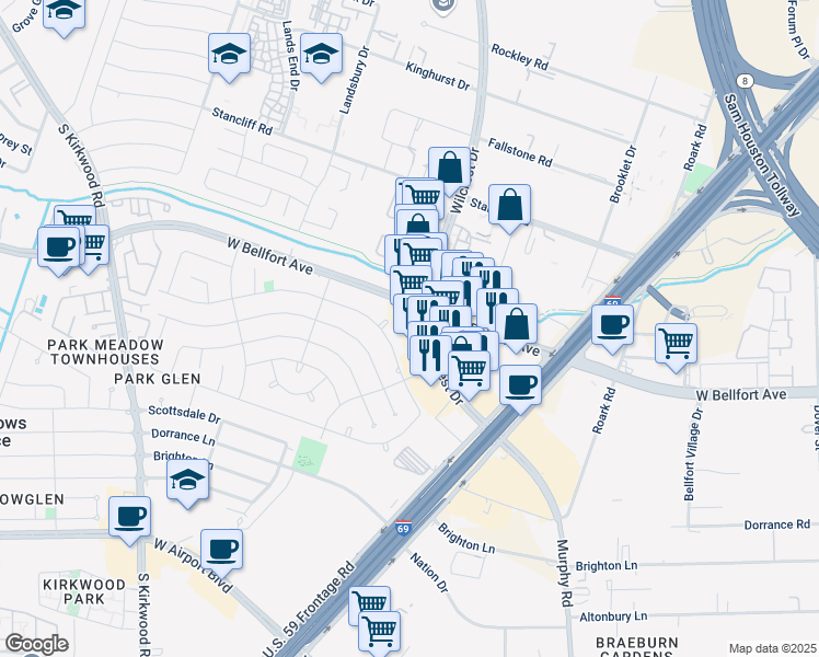 map of restaurants, bars, coffee shops, grocery stores, and more near 11520 Wilcrest Drive in Houston