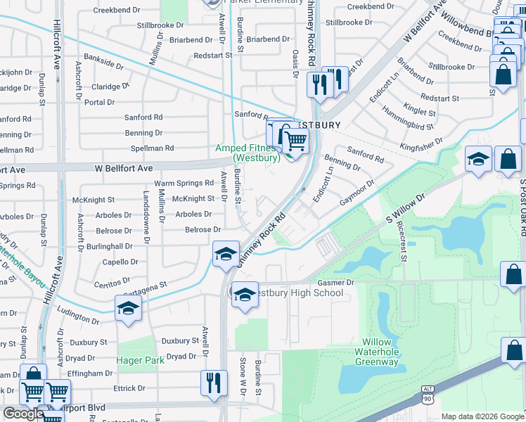 map of restaurants, bars, coffee shops, grocery stores, and more near 302 Chimney Rock Road in Houston
