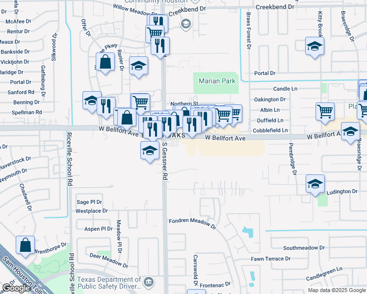 map of restaurants, bars, coffee shops, grocery stores, and more near 7 West Bellfort Street in Houston