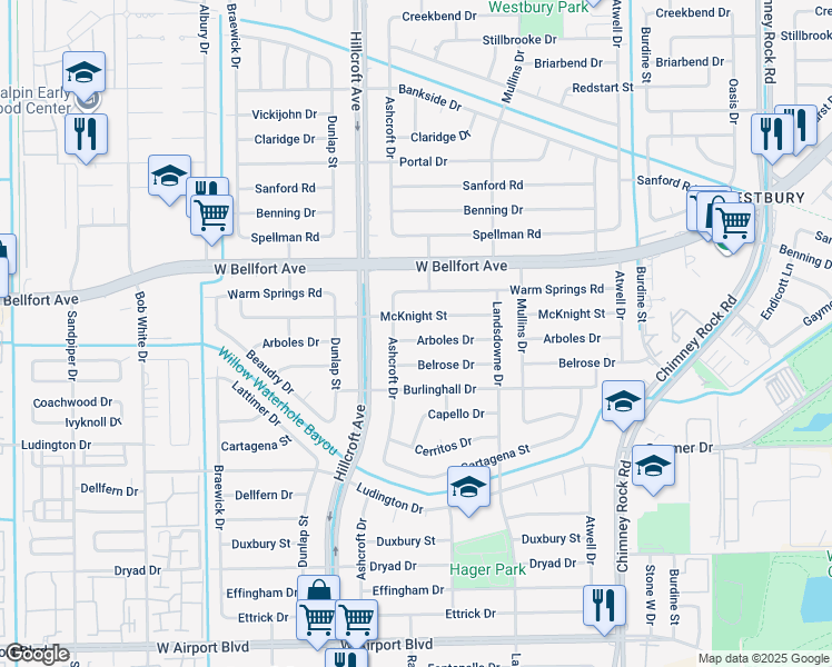 map of restaurants, bars, coffee shops, grocery stores, and more near 5818 Arboles Drive in Houston