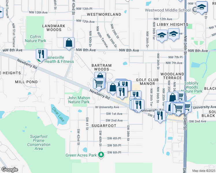 map of restaurants, bars, coffee shops, grocery stores, and more near 417 Northwest 39th Road in Gainesville