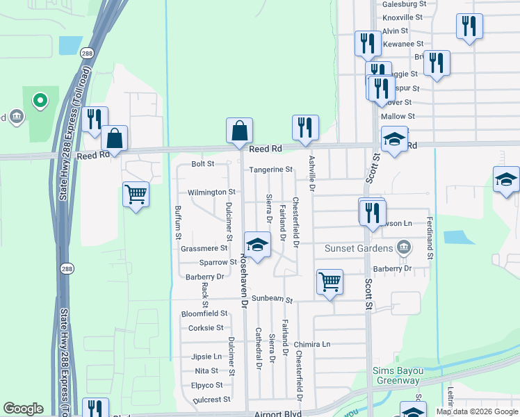 map of restaurants, bars, coffee shops, grocery stores, and more near 9401 Sierra Drive in Houston