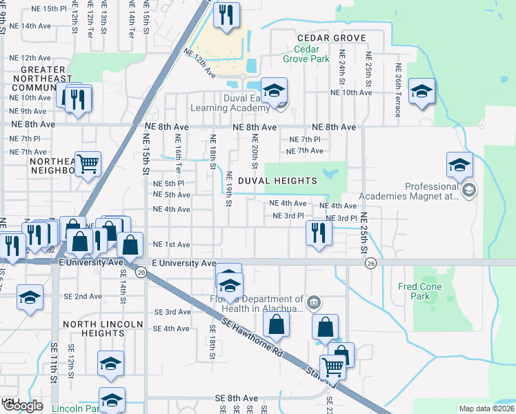 map of restaurants, bars, coffee shops, grocery stores, and more near 334 Northeast 20th Terrace in Gainesville