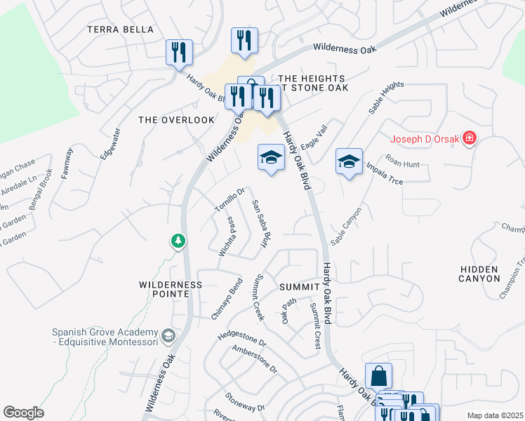 map of restaurants, bars, coffee shops, grocery stores, and more near 22834 San Saba Bluff in San Antonio