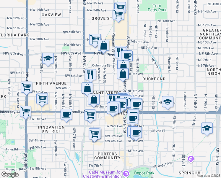 map of restaurants, bars, coffee shops, grocery stores, and more near 225 Northwest 4th Place in Gainesville