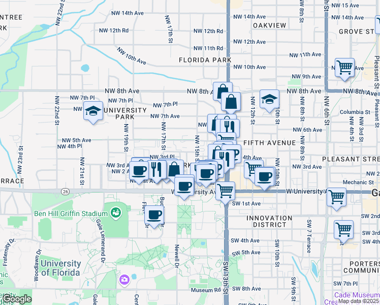 map of restaurants, bars, coffee shops, grocery stores, and more near 1518 Northwest 4th Avenue in Gainesville