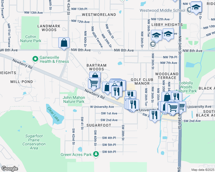 map of restaurants, bars, coffee shops, grocery stores, and more near 405 Northwest 39th Road in Gainesville