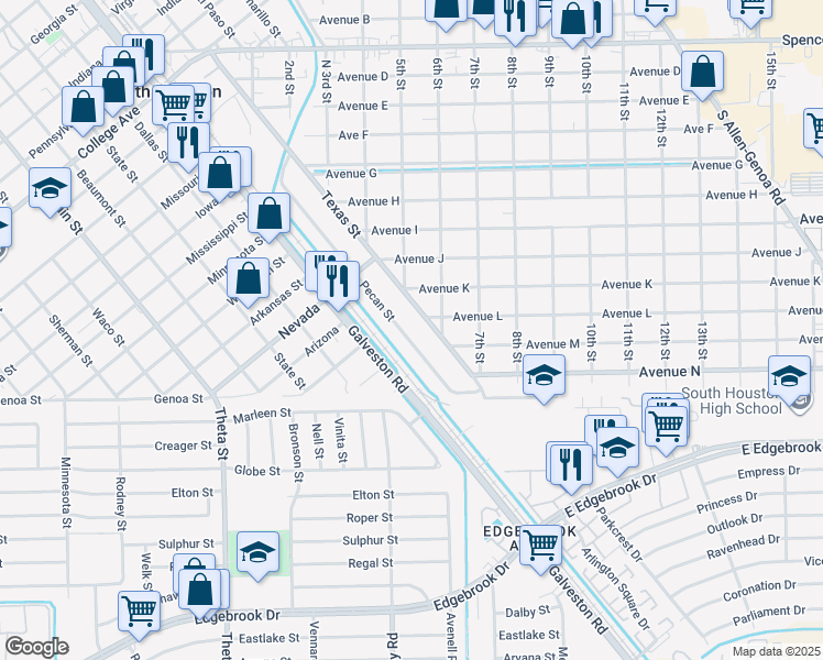 map of restaurants, bars, coffee shops, grocery stores, and more near 535 Pecan Street in South Houston