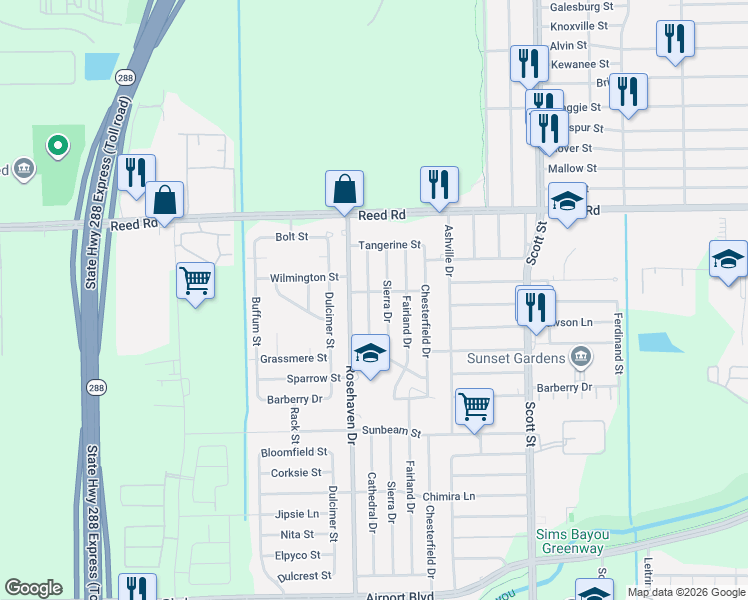 map of restaurants, bars, coffee shops, grocery stores, and more near 9401 Sierra Drive in Houston