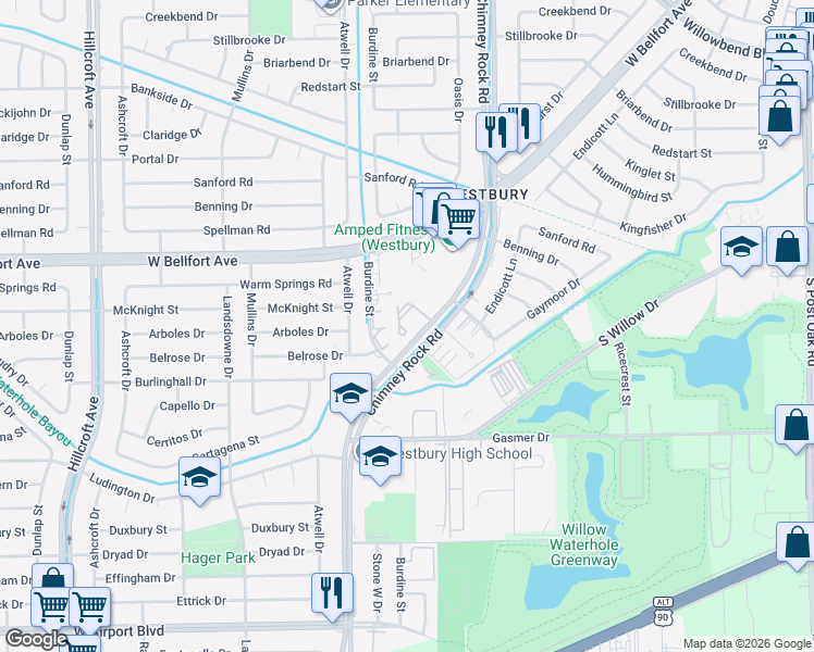 map of restaurants, bars, coffee shops, grocery stores, and more near 302 Chimney Rock Road in Houston