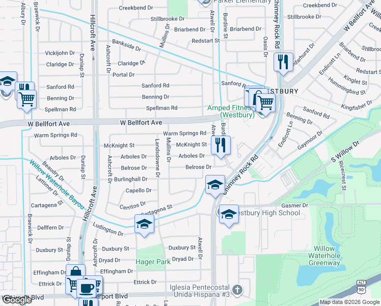 map of restaurants, bars, coffee shops, grocery stores, and more near 5602 Arboles Drive in Houston