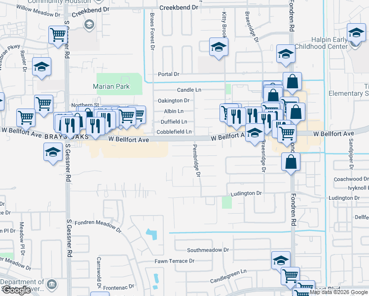 map of restaurants, bars, coffee shops, grocery stores, and more near 7927 Wolfield Lane in Houston