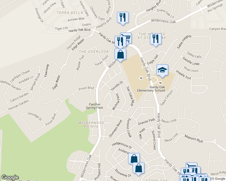 map of restaurants, bars, coffee shops, grocery stores, and more near 22839 Tornillo Drive in San Antonio