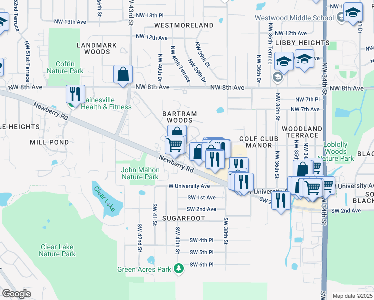 map of restaurants, bars, coffee shops, grocery stores, and more near 417 Northwest 39th Road in Gainesville