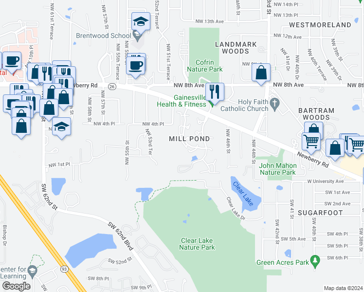 map of restaurants, bars, coffee shops, grocery stores, and more near 286 Northwest 50 Boulevard in Gainesville