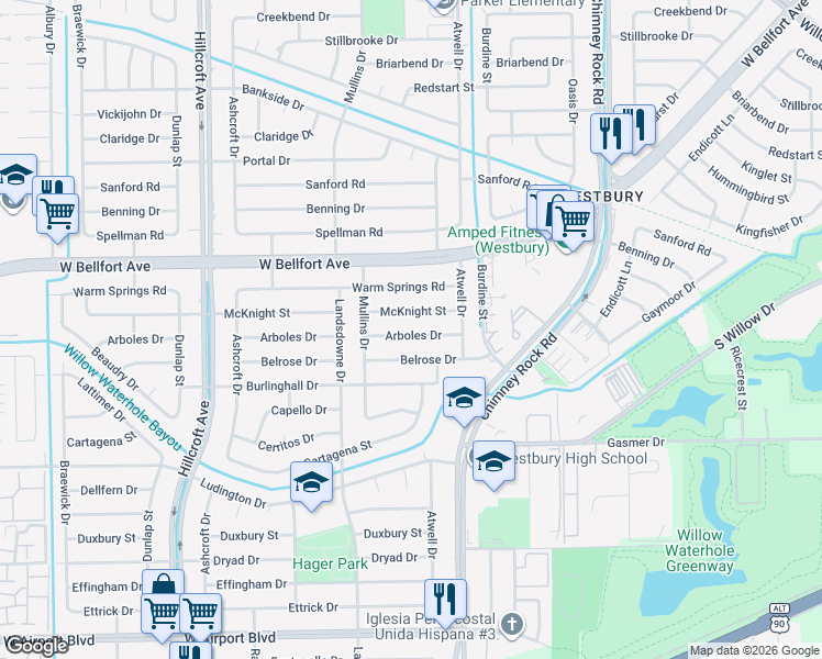 map of restaurants, bars, coffee shops, grocery stores, and more near 5602 Arboles Drive in Houston