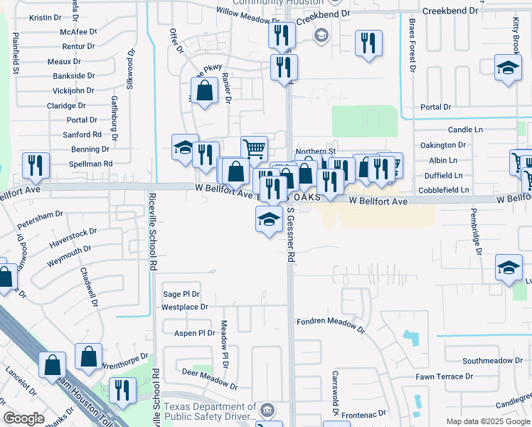 map of restaurants, bars, coffee shops, grocery stores, and more near 8601 W Bellfort St in Houston