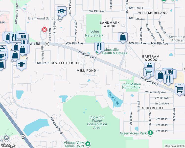 map of restaurants, bars, coffee shops, grocery stores, and more near 4801 Northwest 2nd Place in Gainesville
