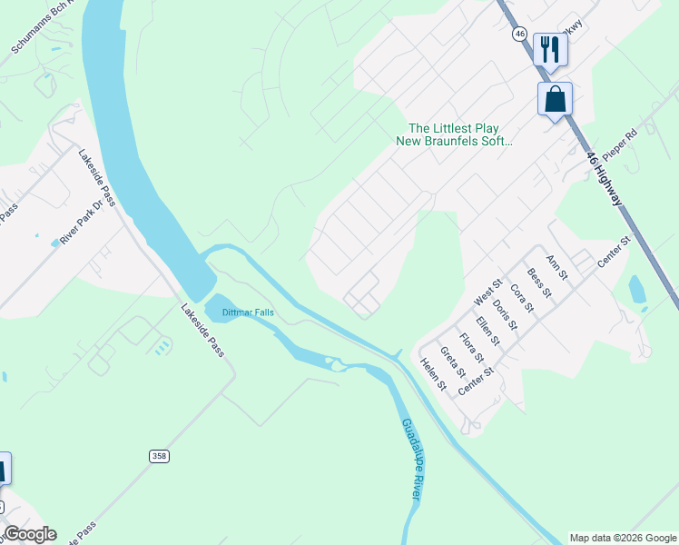 map of restaurants, bars, coffee shops, grocery stores, and more near 499 Elley Lane in New Braunfels