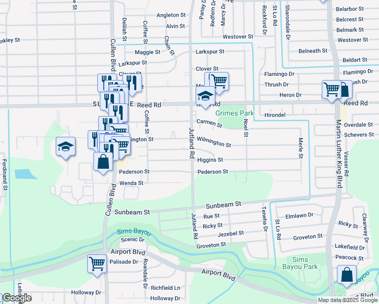 map of restaurants, bars, coffee shops, grocery stores, and more near 4934 Paula Street in Houston