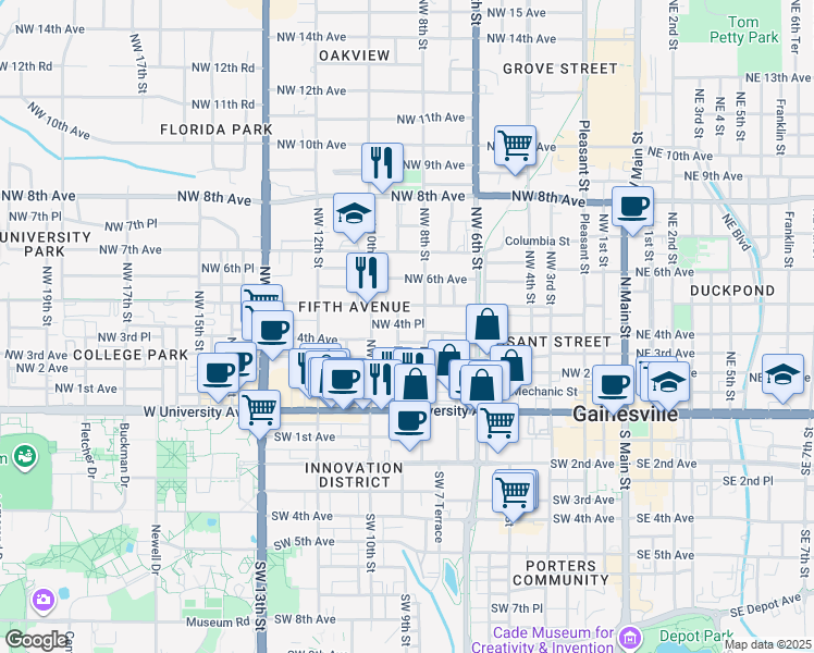 map of restaurants, bars, coffee shops, grocery stores, and more near 811 Northwest 4th Place in Gainesville