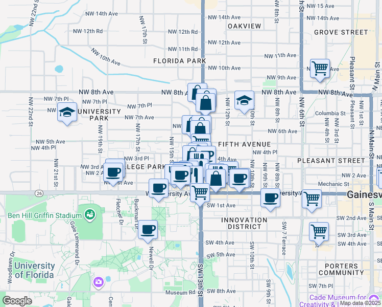 map of restaurants, bars, coffee shops, grocery stores, and more near 1330 Northwest 4th Place in Gainesville
